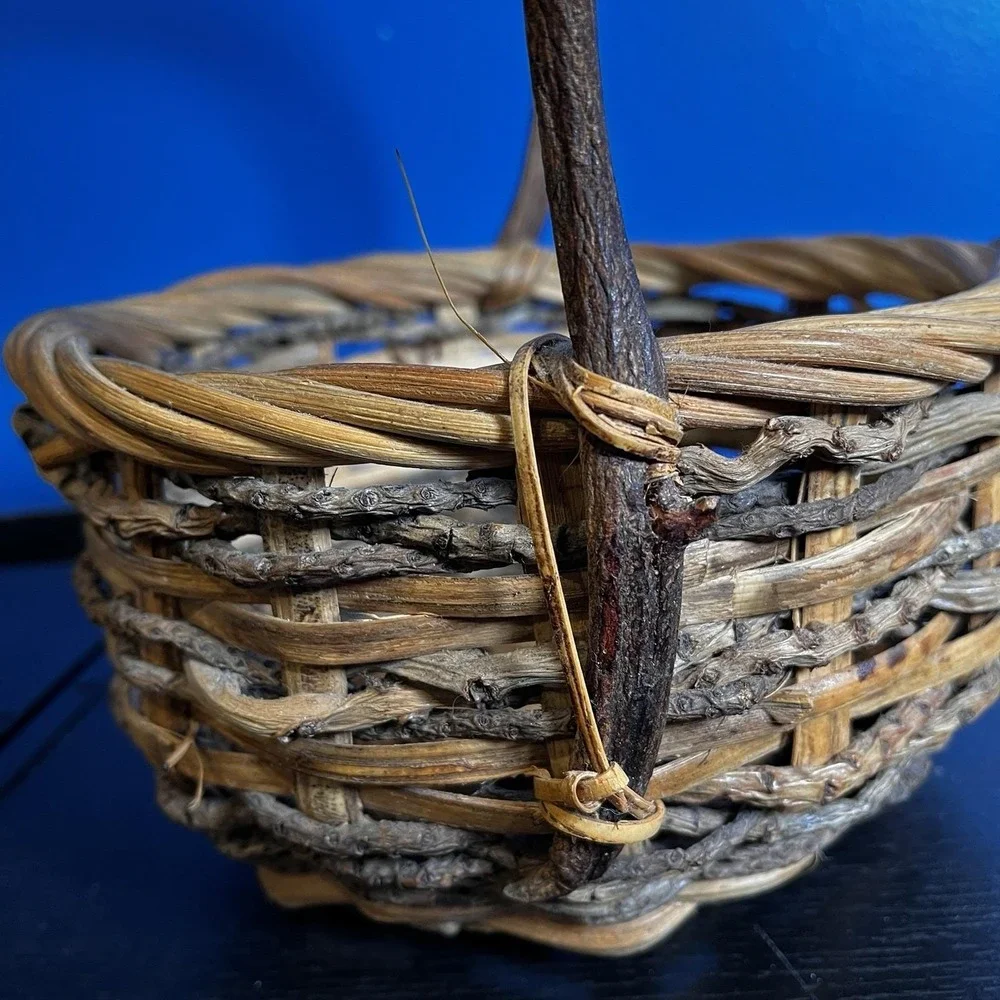 VTG Hand Woven Basket Twisted Root Twig Branch Crooked Handle